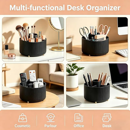 360° Rotating Makeup Brush Holder for Vanity, Elegant Black Makeup Organizer for Bathroom Countertop, Skincare & Cosmetic Storage Case