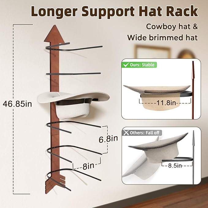 Cowboy Hat Holder for Wall 6 Pieces Arrow Solid Wood with Metal Western Hat Rack Wall Decor Hat Organizer Hanger Storage for Entryway Closet Living Room Bedroom Cherry Brown