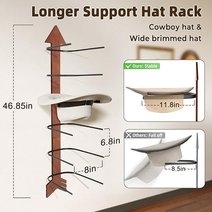 Cowboy Hat Holder for Wall 6 Pieces Arrow Solid Wood with Metal Western Hat Rack Wall Decor Hat Organizer Hanger Storage for Entryway Closet Living Room Bedroom Cherry Brown