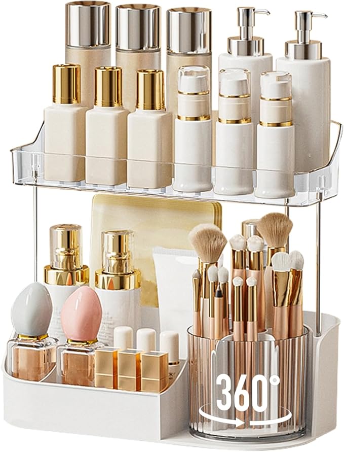 DASITON Large Capacity Makeup Organizer with 360° Rotating Makeup Brush Holder, Perfume and Skincare Storage Organizers for Vanity Bathroom Countertop, Cosmetic Display Case (White, 2 Tier)
