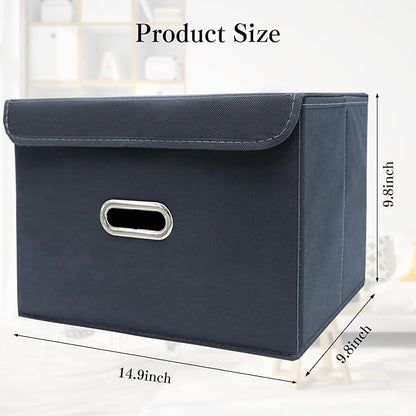 STOREONE Fabric Storage Cube Bins Foldable Organizer Container Collapsible Basket with Lids and Metal Handles, for Home, Bedroom, Closet 3 Pcs (Grey)