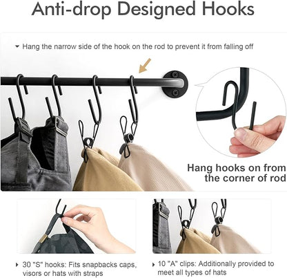 Mkono Hat Rack for Wall Baseball Cap Organizer Hanger with 30 Hooks Modern Metal Hat Holder Wall-Mounted Caps Display for Closet Door Bedroom Entryroom Laundry, Set of 2 (Black, Medium)