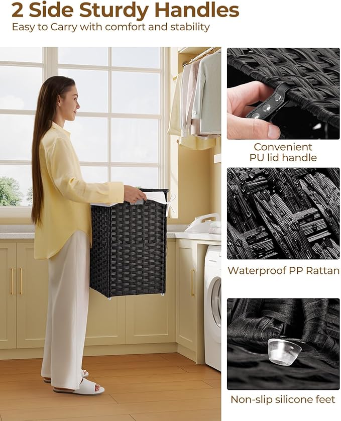 Greenstell Laundry Hamper with Lid, 60L Clothes Hamper with 2 Removable Liner Bags & 2 Mesh Bags, Handwoven Synthetic Rattan Basket, Toys in Bathroom, Bedroom Black