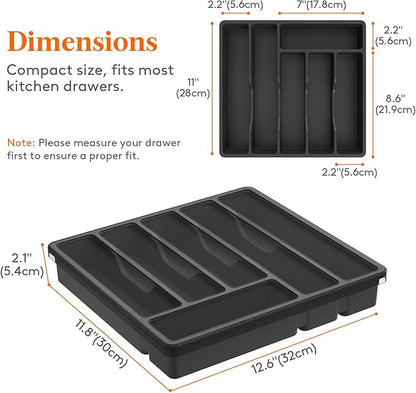 Lifewit Silverware Organizer with Lid, Covered Utensil Tray for Kitchen Drawer and Countertop, Plastic Cutlery and Flatware Storage Box for Spoons Forks Knives Holder Case, 6 Compartments, Black