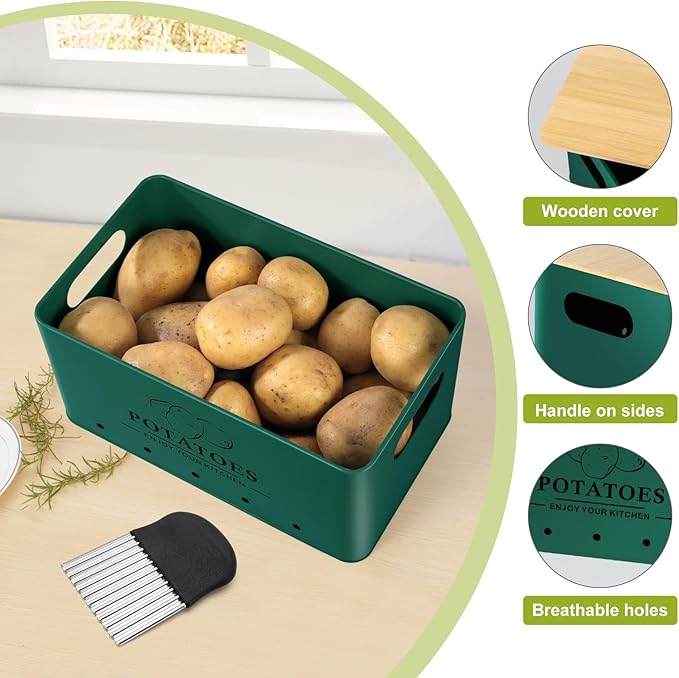 Kitchen Vegetable Storage Set of 3, Metal Onion Garlic Potato Storage Set, Kitchen Canisters Vegetable Keeper Containers with Aerating Holes and Wooden Lid (Alpine Green)