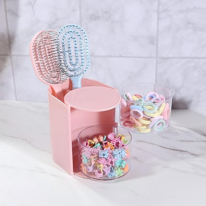 DASITON 2-Layer Makeup Brush Holder with Hair Accessories Organizer, Rotatable Desktop Organizer Case for Hair Clip, Makeup Sponge, Jewelry and Hair Accessories, Hair Brush Holder for Vanity (Pink)