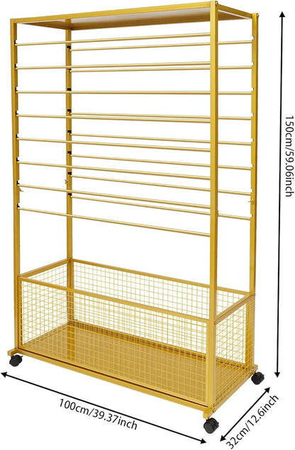 16-Tier Double-Sided Ribbon Holder Organizer Rack with Storage Basket & Wheels, Multifunctional Flower Wrapping Paper Display Stand for Craft Rooms, Flower Shops (Gold, 39.37''W x 12.6''D x 59.06''H)