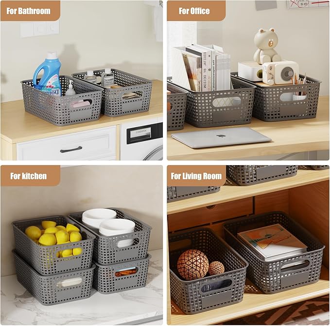 8 Pcs Plastic Storage Baskets with Plastic Lids and Labels 5.29qt Stackable Box Basket Pantry Decorative Containers, Small Storage Bins for Desktop Organizing Shelves Drawers Cabinets 10*7.2*4.1"
