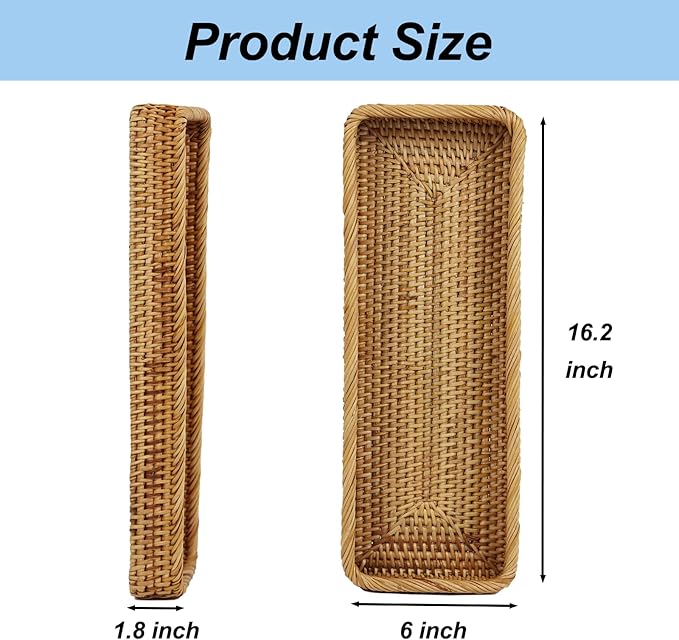 Rattan Bathroom Tray Countertop, Wicker Toilet Tank Basket, Decorative Bathroom Vanity Tray for Decor Coffee Table