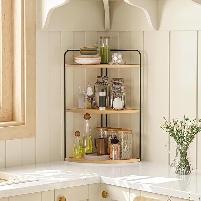 Forest Angle Bathroom Counter Organizer,Countertop Organizer,Vanity Organizers,Bathroom Storage,Bathroom Sink Caddy,Counter Shelf,Corner Counter,Corner Shelves(Black-Burlywood)