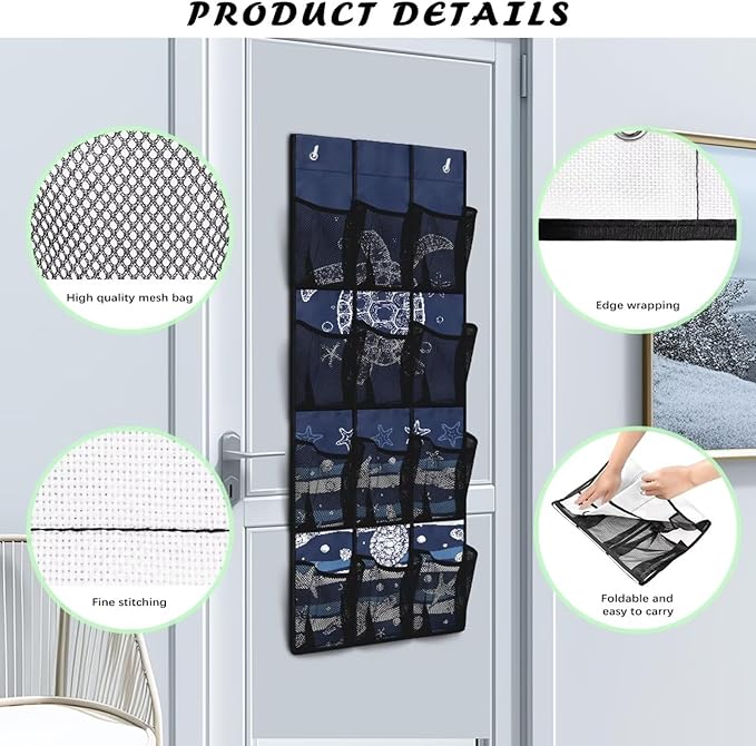 Over Door Hanging Organizer - 12 Reinforced Pockets for Diapers, Cleaning Supplies, Toys, Anti-Slip Metal Hooks,Sea Turtle
