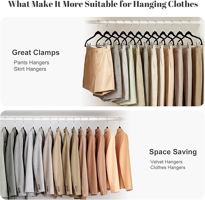 HOUSE DAY Velvet Skirt Hangers 24 Pack, Black Velvet Pant Hangers with Adjustable Clips, Space Saving Slim Shorts Hanger, Heavy Duty Non Slip Clip Hanger for Pants, Skirts, Shorts