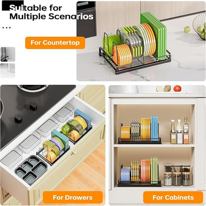 Lid Organizers for Inside Cabinet, Metal Food Storage Container Lid Holder with 5 Adjustable Dividers, Kitchen Pantry Organizer and Storage for Cupboard,Cabinets,Pantry,Drawers, 11" X 7.87"