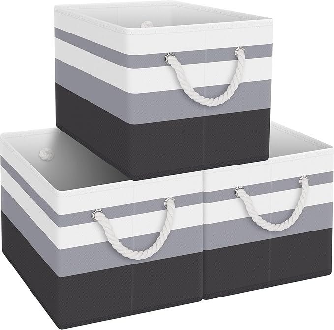 Fab totes Storage Bins 3-Pack, Foldable Storage Baskets for Organizing Toys, Books, Shelves, Closet, Large Storage Box with Rope Handles, Sturdy Organizer Bins,Gradient Grey