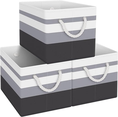 Fab totes Storage Bins 3-Pack, Foldable Storage Baskets for Organizing Toys, Books, Shelves, Closet, Large Storage Box with Rope Handles, Sturdy Organizer Bins,Gradient Grey