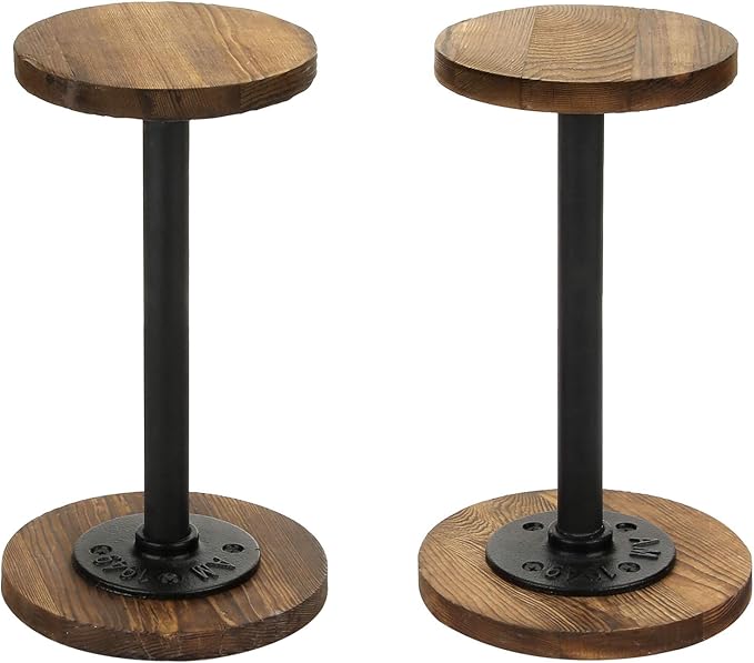 MyGift 2 Pcs Cowboy Hat Holder Rack, Hat Organizer Stand for Baseball Caps, Helmet, Tabletop Wig or Jewelry Display Riser, Rustic Burnt Wood with Industrial Metal Pipe