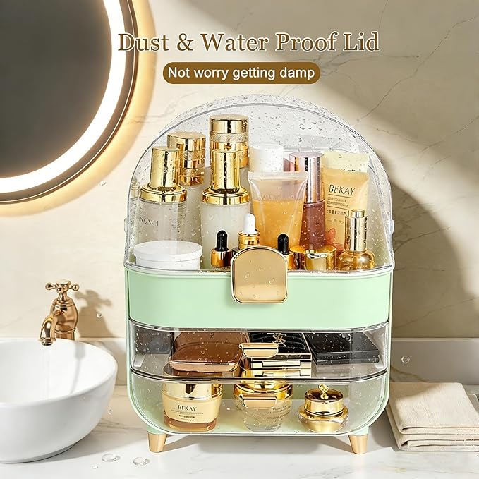 Makeup Organizer with Drawers-Cosmetic Display Case for Vanity|Skincare Organizer with 360 Rotating Brush Holder,Large Storage Box Dresser,Women Gifts Display Cases for Bathroom Countertop,Green
