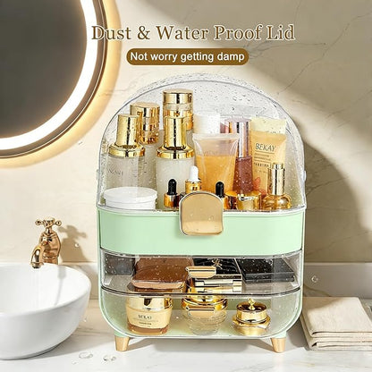 Makeup Organizer with Drawers-Cosmetic Display Case for Vanity|Skincare Organizer with 360 Rotating Brush Holder,Large Storage Box Dresser,Women Gifts Display Cases for Bathroom Countertop,Green