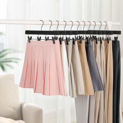 TOPIA HANGER Wooden Pants Hangers 10 Pack, Black Skirt Hangers with Clips and Rotatable Hook, Durable Natural Rubber Wood Organizer for Skirts, Pants, Jeans, Shorts - CTS02B