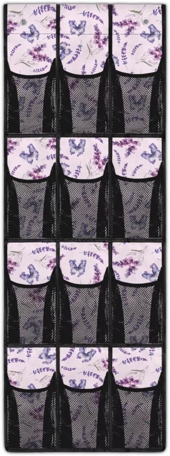 12 Large Mesh Pockets Butterfly Lavender Over the Door Shoe Organizer Sturdy Oxford Fabric Hanging Shoe Rack for Door Shoe Organizer