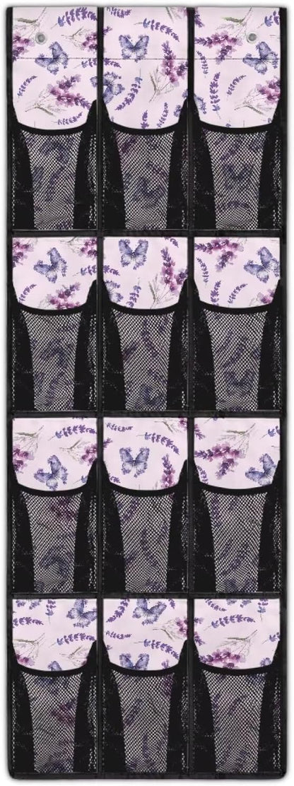 12 Large Mesh Pockets Butterfly Lavender Over the Door Shoe Organizer Sturdy Oxford Fabric Hanging Shoe Rack for Door Shoe Organizer