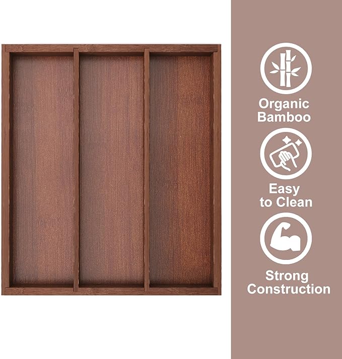 Fibogollo Silverware Organizer Bamboo Kitchen Drawer Organizer, Flatware Organizer Tray for Kitchen, Flatware, Utensils（Brown）