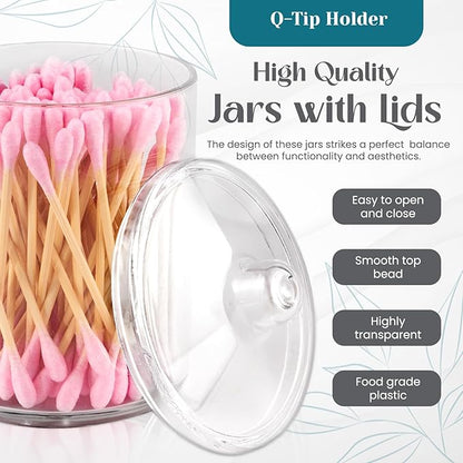 Qtip Holder Set, 4 Pack Clear Plastic Apothecary Jars with Lids for Cotton Swabs, Cotton Balls & Bathroom Vanity Organizer
