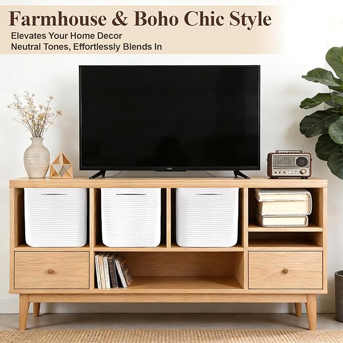 Cube Storage Bins 11 Inch Shelf Cotton Rope Baskets for Organizing, Woven Storage Basket - For Magazines, Living Room, Closet, White 1 Pack