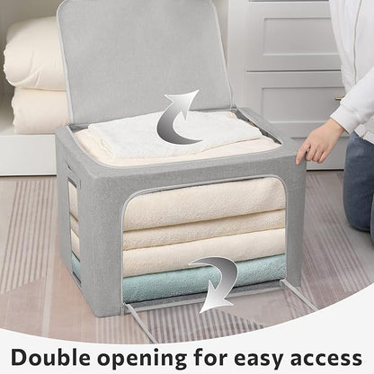FHSQX 2 Pack Clothes Storage Bins Stackable Metal Frame Storage Box Large Capacity Foldable Linen Fabric Box Organizer with Carrying Handles and Clear Window (Light Gray, 19.7x 15.7x 12.6 Inch)