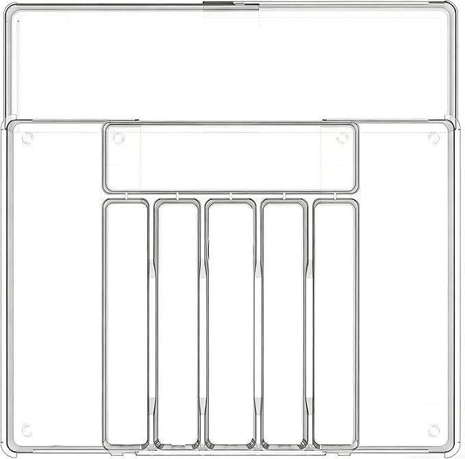 BPA-Free Expandable Utensil Drawer Organizer - Clear Plastic Adjustable Storage Tray for Kitchen Flatware, Knives, Forks and Spoons