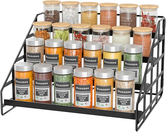 Bunoxea Spice Rack 4 Tier Kitchen Cabinet Organizer,Countertop Spice Rack,Tier Depth Adjustable Cabinet Shelf,Step Spice Organization Easy Visibility,Holds Seasoning and Condiments