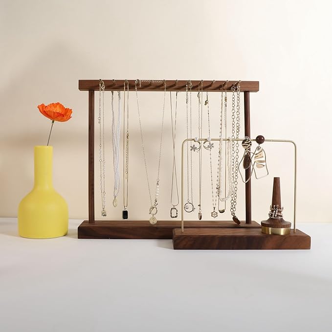 Medium necklace hanger shelf with 12 copper bars, Wooden jewelry storage organizer rack for hanger necklace bracelet, necklace display stand for boutique store【Walnut】