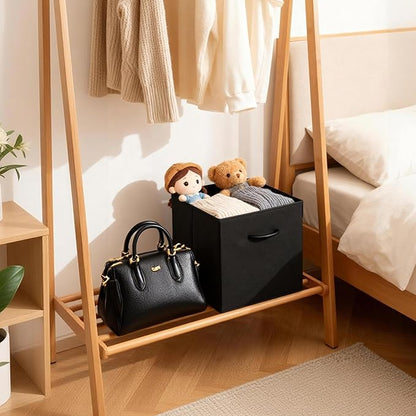 WUIKE 13-Inch Black Storage Cube Bins, Leather Front Cubby Organizer Baskets with Handles, Collapsible Storage Bins for Shelves and Closet, 4-Pack