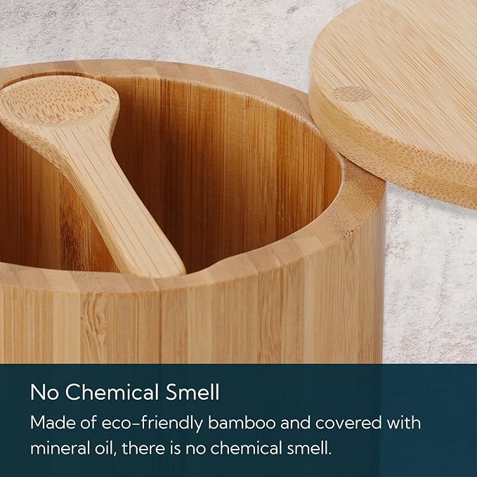 KITCHENDAO Bamboo Salt and Pepper Bowl Box Cellar, Built-in Spoon, Two Compartments Spice Seasoning Container, Sea Salt Cellar Holder, Magnetic Swivel Lid, Dual 5oz Capacity