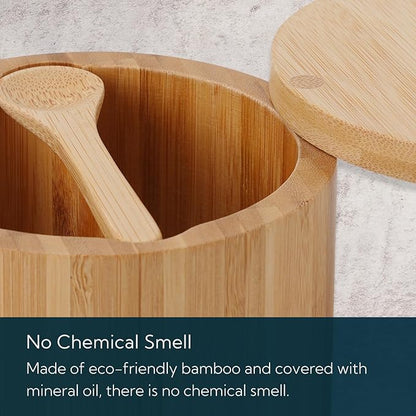 KITCHENDAO Bamboo Salt and Pepper Bowl Box Cellar, Built-in Spoon, Two Compartments Spice Seasoning Container, Sea Salt Cellar Holder, Magnetic Swivel Lid, Dual 5oz Capacity