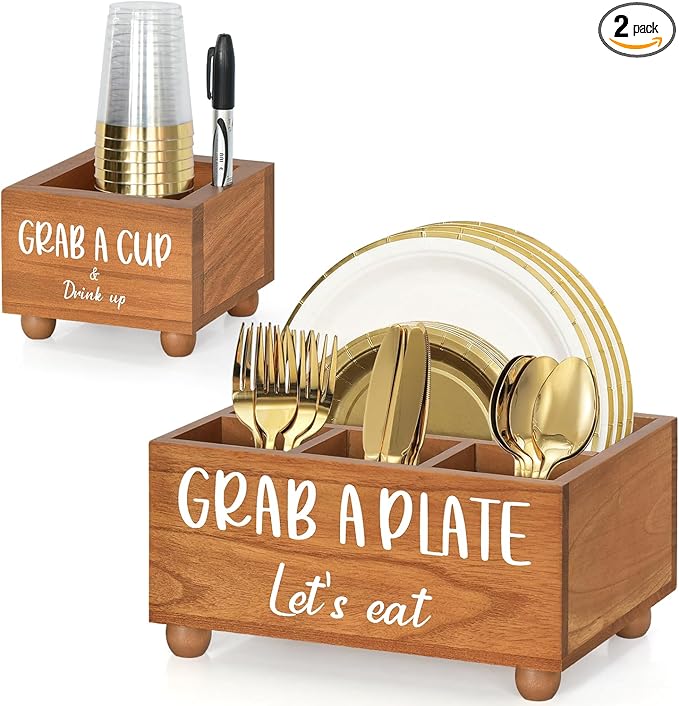 Paper Plate Dispenser and Holder for Kitchen Counter,Multi Utensil Caddy with Large Cup Holder,Paper Plate Organizer for Countertop,Cutlery Flatware Napkin Silverware Holder for Party,Kitchen