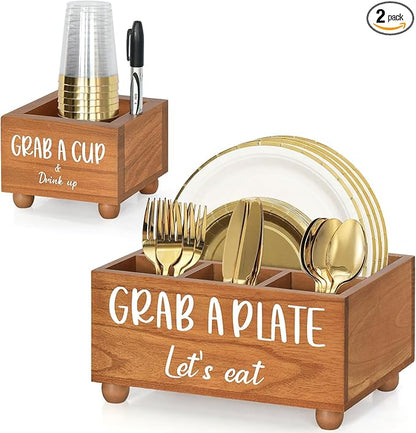 Paper Plate Dispenser and Holder for Kitchen Counter,Multi Utensil Caddy with Large Cup Holder,Paper Plate Organizer for Countertop,Cutlery Flatware Napkin Silverware Holder for Party,Kitchen