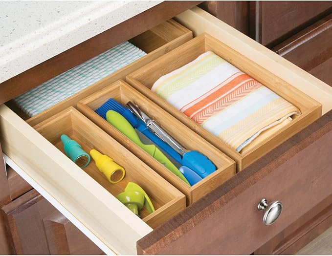 mDesign Wooden Bamboo Drawer Organizer - 12" Long Stackable Storage Box Tray for Kitchen Drawers/Cabinet - Utensil, Silverware, Spatula, and Flatware Holder - Echo Collection - 4 Pack, Natural Wood