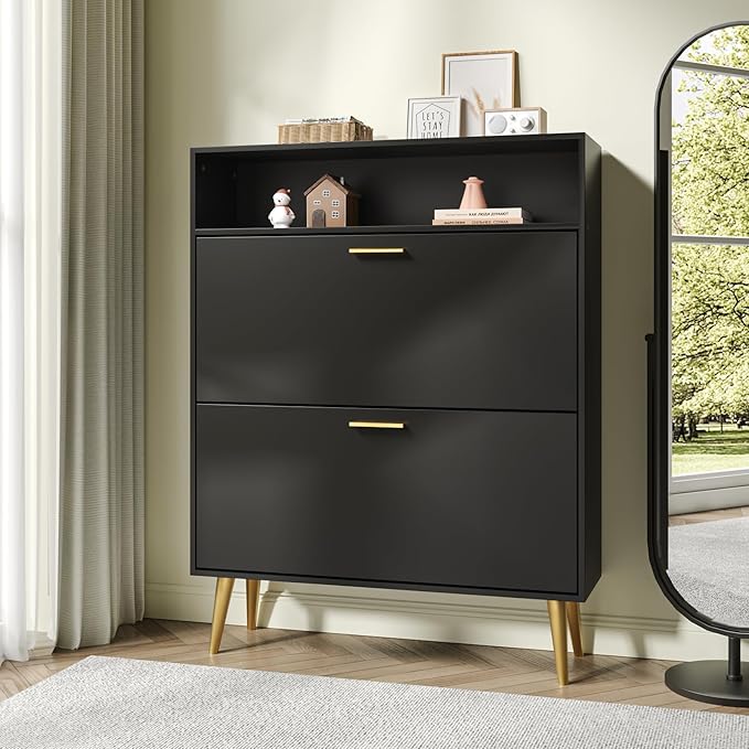 JOZZBY Shoe Cabinet Storage for Entryway, Freestanding Slim Shoe Organizer Cabinet with 2 Flip Drawers, Narrow Shoe Rack with Open Shelves for Hallway, Living Room, Black