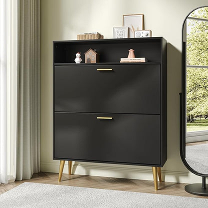 JOZZBY Shoe Cabinet Storage for Entryway, Freestanding Slim Shoe Organizer Cabinet with 2 Flip Drawers, Narrow Shoe Rack with Open Shelves for Hallway, Living Room, Black
