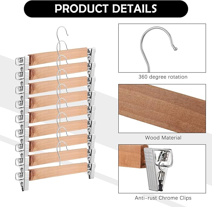 Weysat 40 Pcs Wooden Pants Hangers Bottom Bulk with 2 Adjustable Clips Anti Rust Hook 360 Swivel Hook Bottom Jeans Hangers for Women Men Jeans Trousers Shorts Skirt