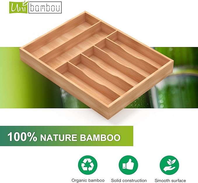 Unibambou Bamboo Utensil Drawer Organizer, Silverware Tray Organizer, Kitchen Drawer Organizer for Flatware Cutlery, Silverware Tray for Drawer (Natural, Large 16.5x12 Inch)