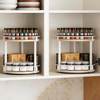 YATINEY Lazy Susan Organizer, Rotating Spice Rack, 2 Tier Spice Turntable Organizer, Industrial Turntable Spice Holder, for Kitchen Countertop, Compact and Versatile, White and Light Oak SR22WG