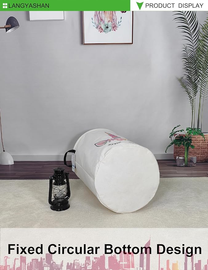 Laundry Basket Canvas Fabric Collapsible Organizer Basket for Storage Bin Toy Bins Gift Baskets Bedroom Clothes Children Nursery Hamper (Round Pink Unicorn)