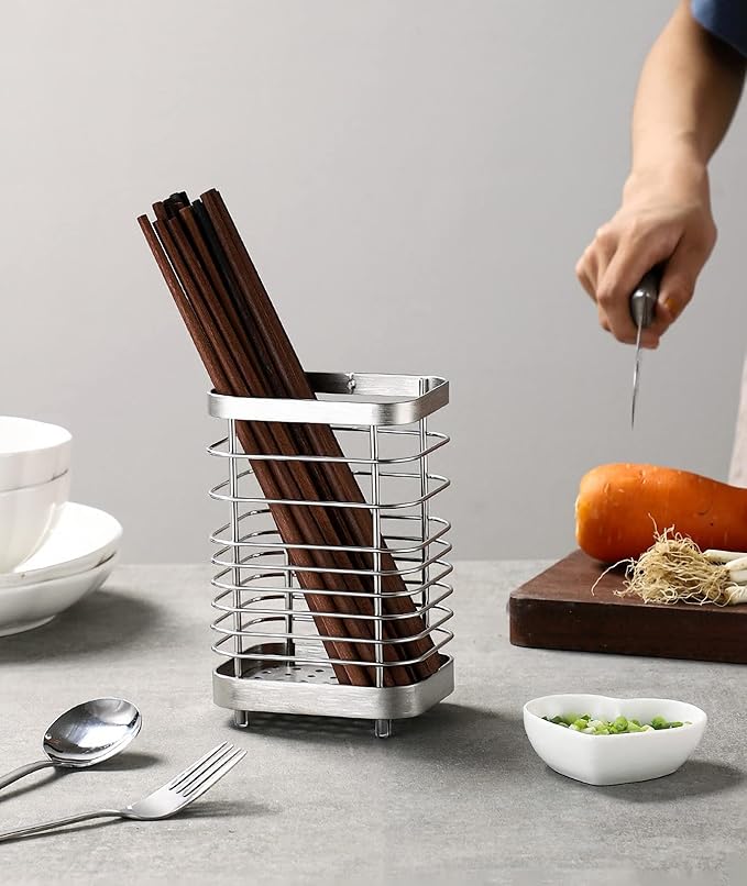 Stainless Steel Utensil Holder - Countertop Drying Caddy for Cutlery, Rust-Proof Organizer (Silver plus)