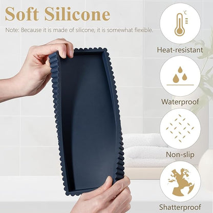 Silicone Bathroom Tray Small Vanity Organizer Rectangle Sink Caddy Sponge Holder Kitchen Counter Decor for Dish Soap, Perfume, Candle, Dark Blue