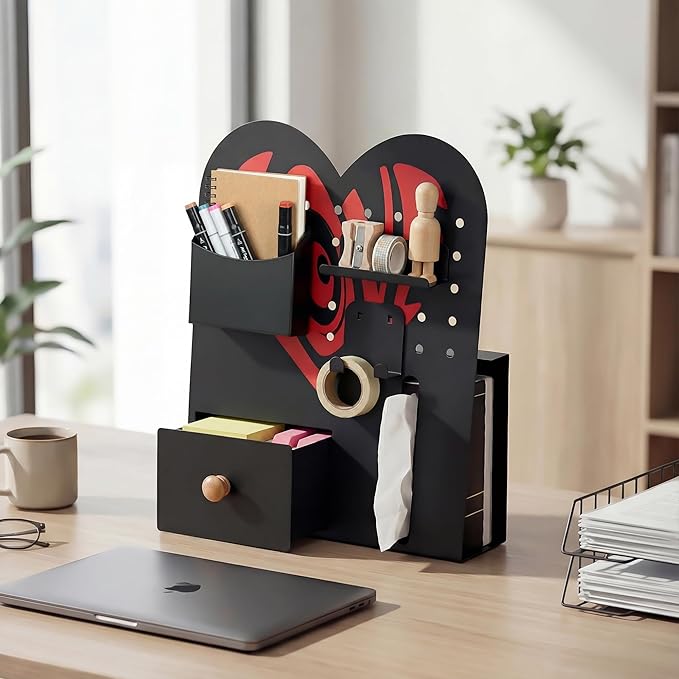 Magnetic Pegboard Organizer for Office Desk, Makeup Vanity, Stationery Storage, Gaming Desktop with 4 Metal Accessories Drawer Holder Hooks Modular - Home Decor Tabletop Display Kids Room - Black