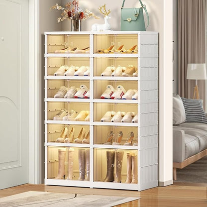EHAMILY 6 Tier Foldable Shoe Rack Organizer for Closet 12-24Pairs Plastic Collapsible Shoe Shelf for front door entrance Stackable Clear Folding Shoes Storage Boxes XLarge Shoe Cabinet