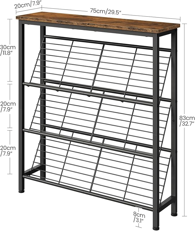 CHOEZON Shoe Rack, 4-Tier Narrow Shoe Storage Shelf, Slim Shoe Rack with Wooden Top and Metal Shelves, Slanted Shoe Organizer, Industrial Style, for Entryway, Hallway, Rustic Brown and Black TXJ76BF