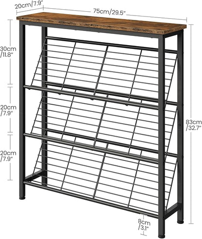 CHOEZON Shoe Rack, 4-Tier Narrow Shoe Storage Shelf, Slim Shoe Rack with Wooden Top and Metal Shelves, Slanted Shoe Organizer, Industrial Style, for Entryway, Hallway, Rustic Brown and Black TXJ76BF